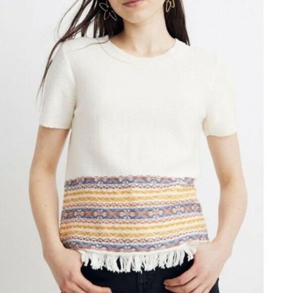 MADEWELL Fringe Jacquard Short Sleeve Sweater Size S - Picture 4 of 11